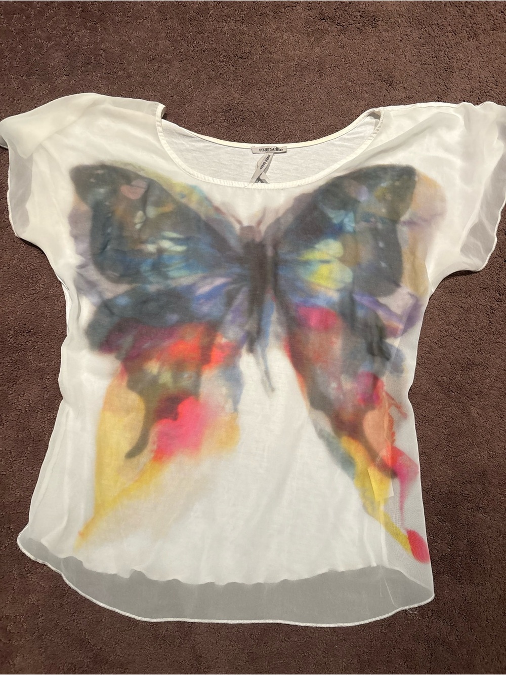 Rena Lange White Short-Sleeve Tee with Multicolor Butterfly